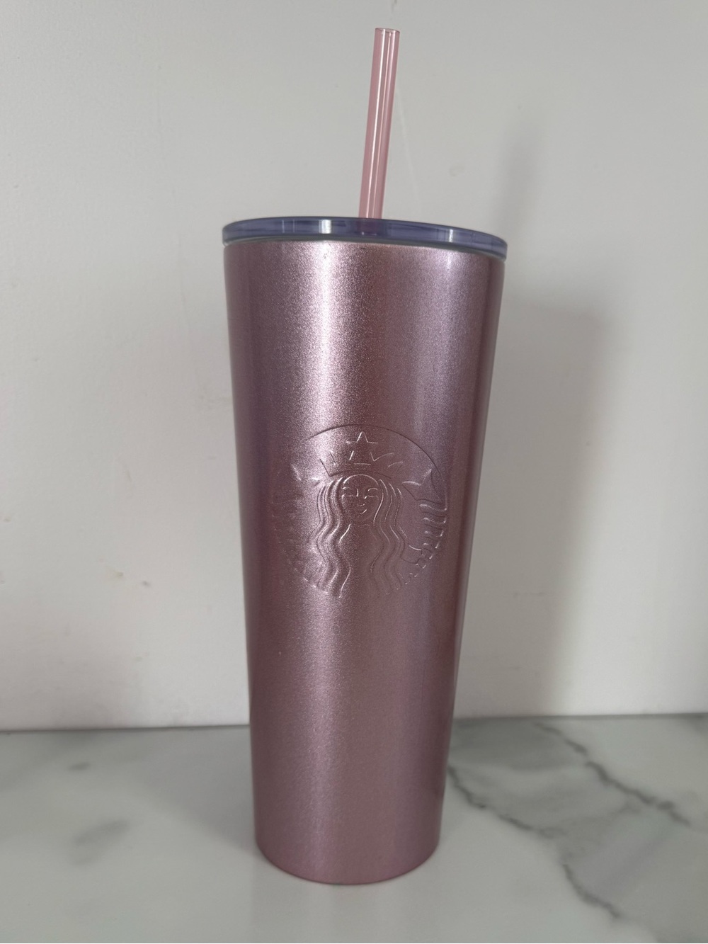 Starbucks 2018 Holiday Metallic Sparkly Pink Tumbler with Straw